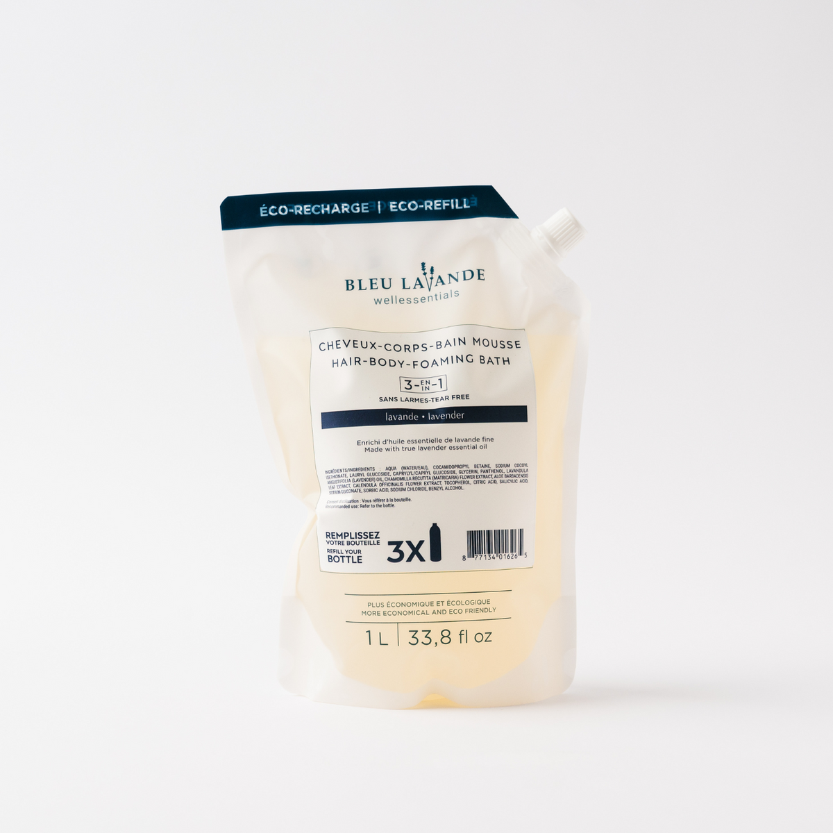 Recharge de 3-en-1 shampooing gel douche et bain mousse à l'huile essentielle de lavande fine