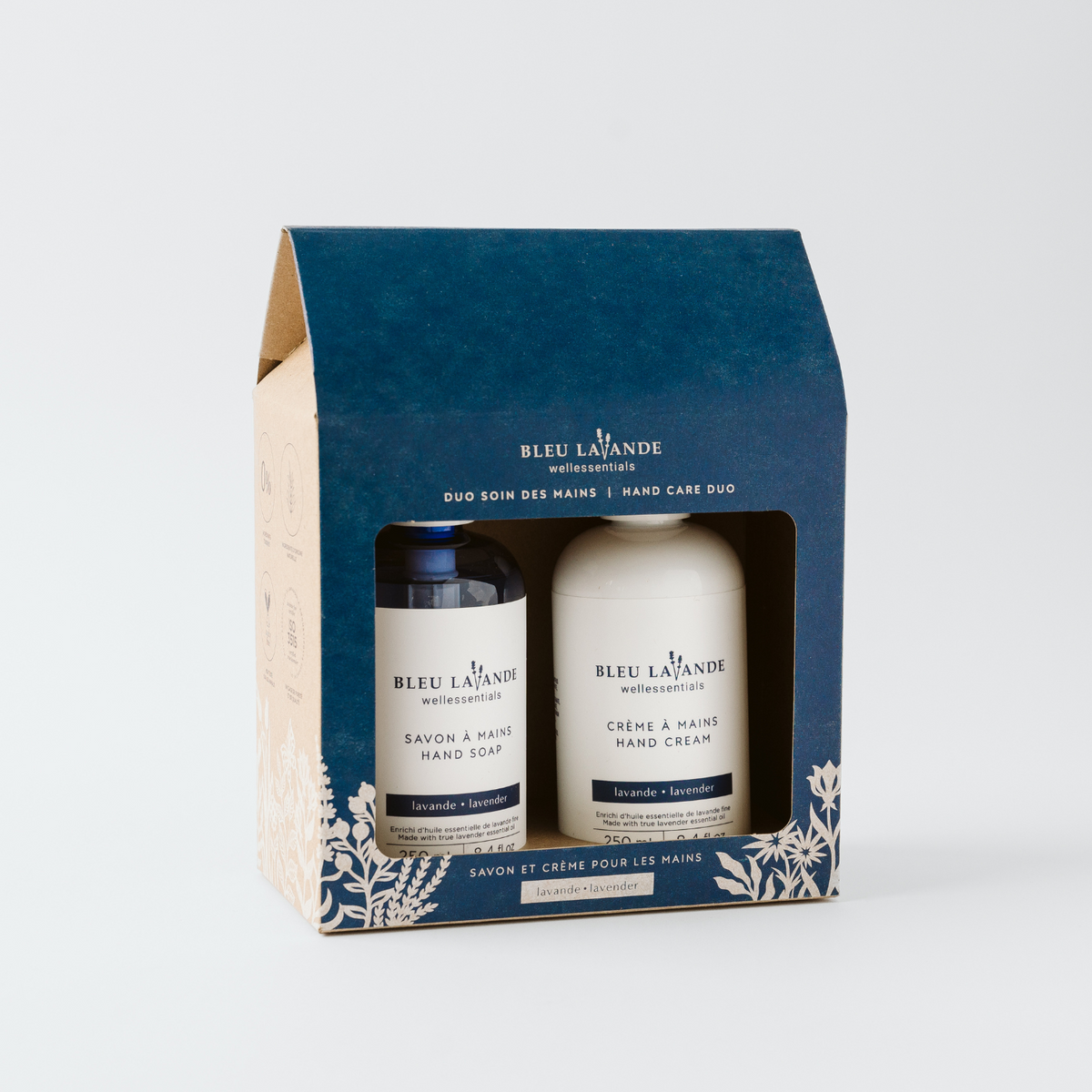 Ensemble-cadeau savon et crème à mains enrichis d'huile essentielle de lavande fine certifiée