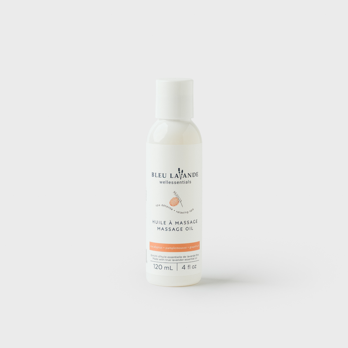 Huile à massage aux huiles essentielles pures d'eucalyptus et de pamplemousse de Bleu Lavande