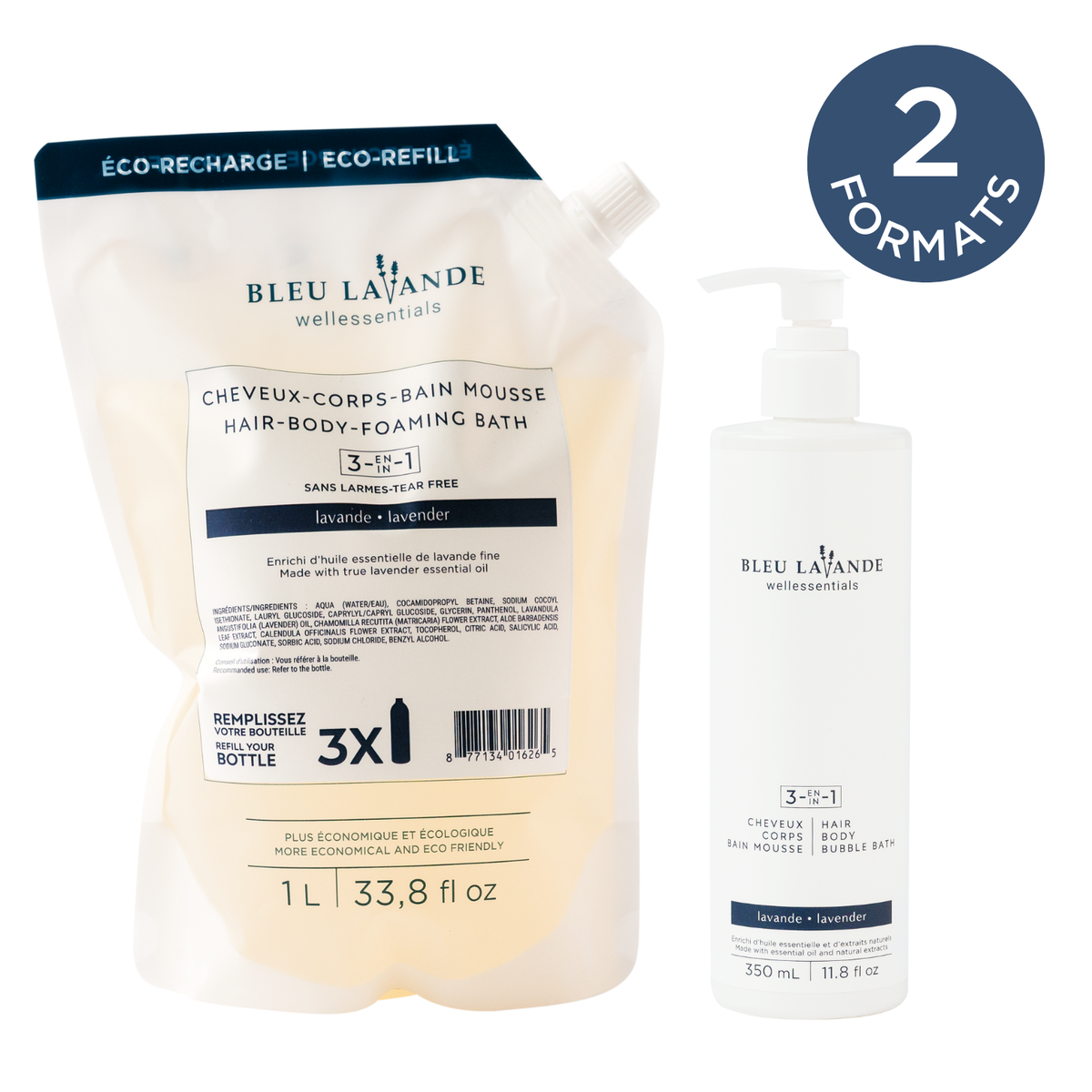 3-en-1 shampooing, gel douche et bain mousse de Bleu Lavande en 2 formats