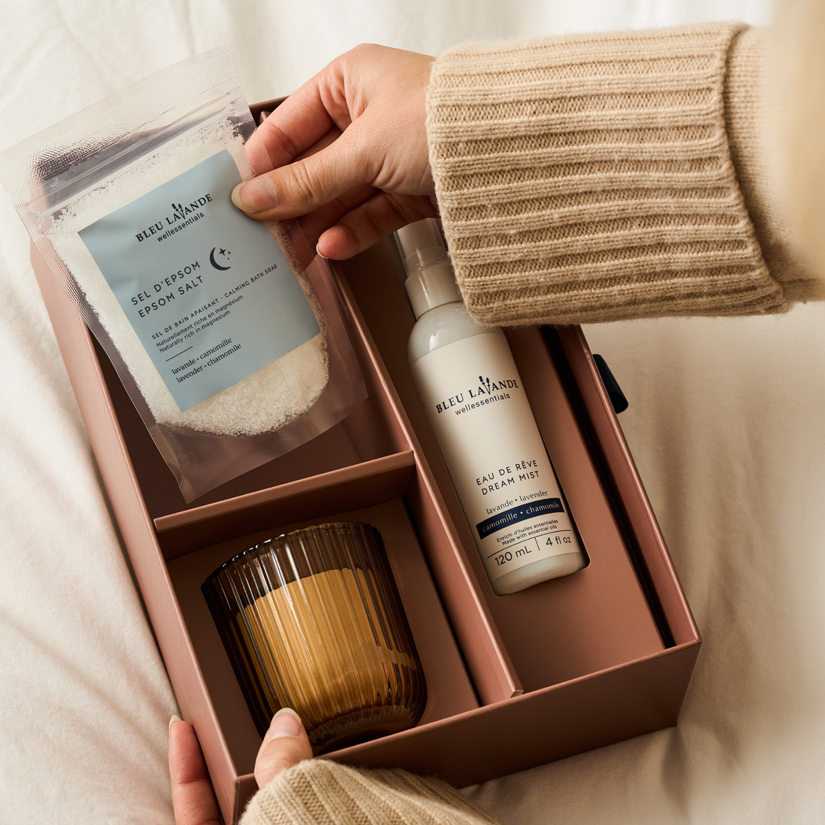 Ensemble-cadeau avec sel d'Epsom, eau de rêve et bougie lavande et camomille